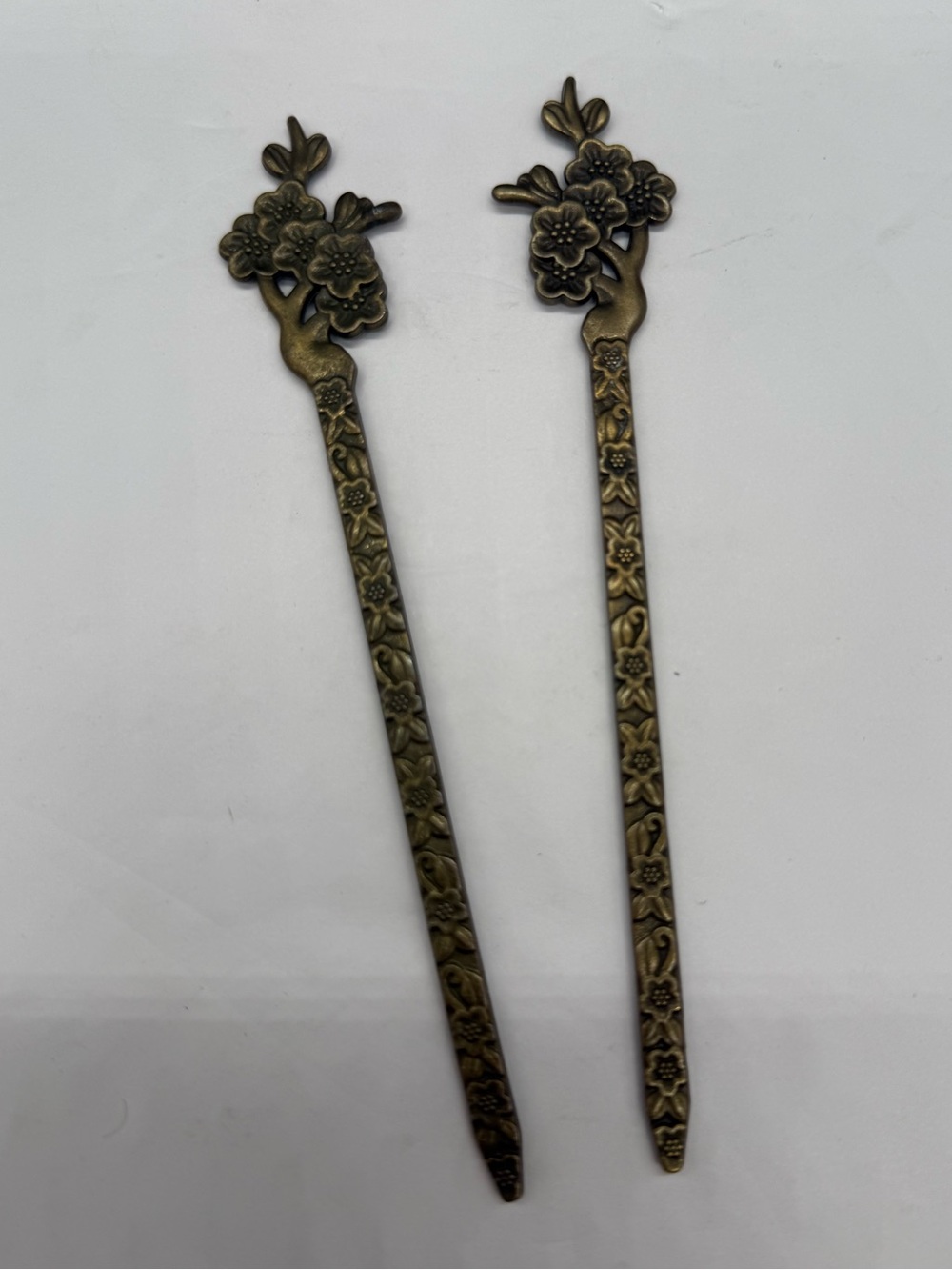 Antique Brass Floral Metal Hair Sticks Ornate Kanzashi Pair